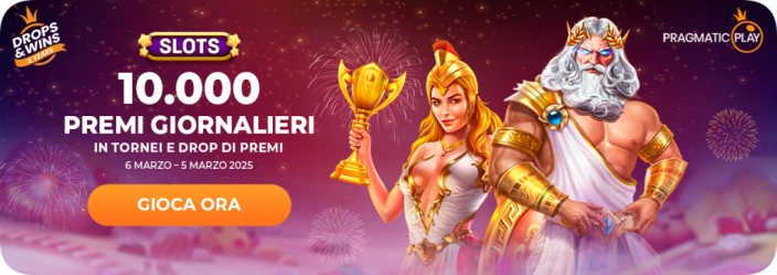 Tornei giornalieri con 10.000€ in premi su GratoWin Casino Online con Drops & Wins, estrazioni live e possibilità di vincita per tutti i livelli VIP