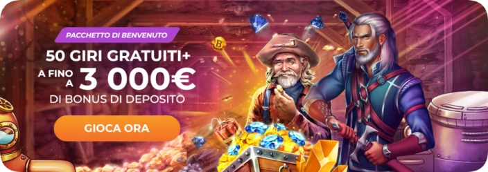 Pacchetto benvenuto su GratoWin Casinò Online con 50 giri gratuiti alla registrazione e fino a 3000€ di bonus sui primi tre depositi per nuovi giocatori