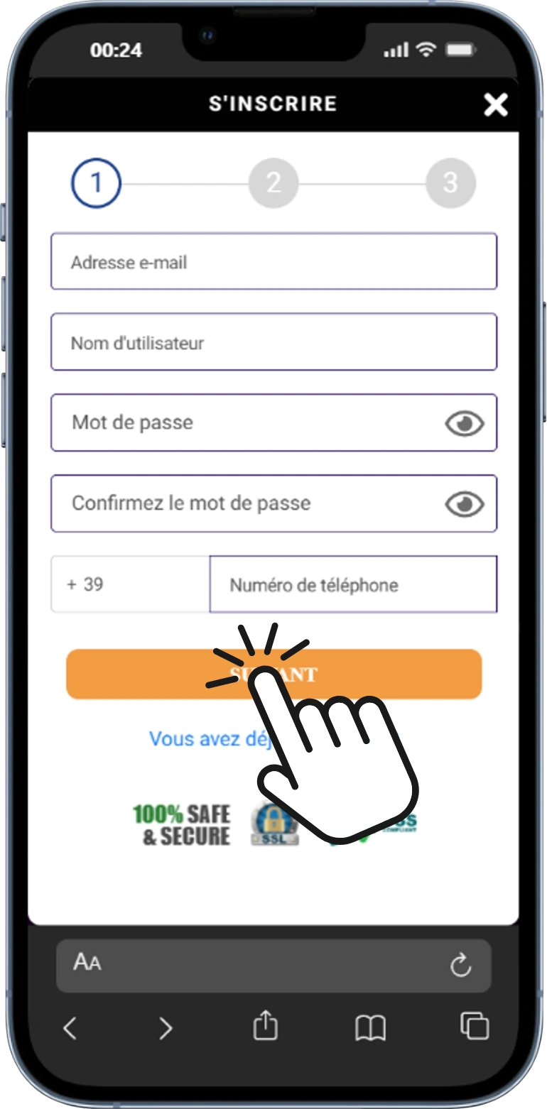 Pagina finale della registrazione Gratowin con checkbox per accettare termini e condizioni e pulsante 'Crea account' per completare la registrazione e ricevere email di conferma