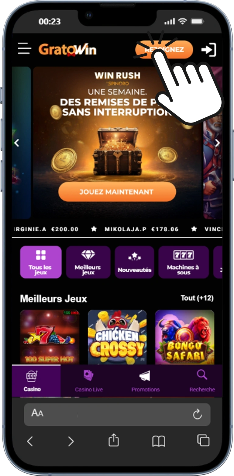 Pulsante di registrazione posizionato nell'angolo superiore destro della homepage di Gratowin, evidenziato per iniziare il processo di creazione account