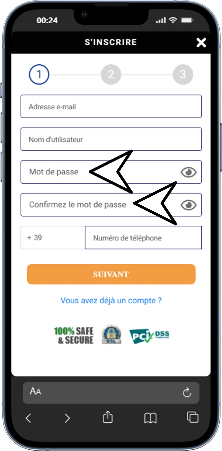 Schermata del modulo di registrazione Gratowin che mostra i campi per inserire email e password con requisiti di sicurezza: minimo 8 caratteri con lettere maiuscole, minuscole e numeri